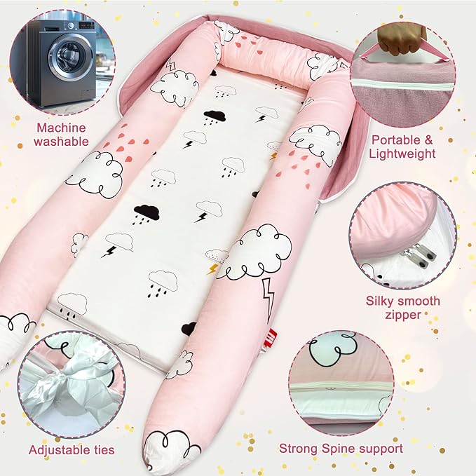UGRASEA Baby Lounger, Foldable Portable Infant Lounger, Soft Breathable Baby Nest Cover, Suitable for 0-24 Months Newborn Baby Lounger,Home Travel Dual-Purpose Baby Nest (Pink R)