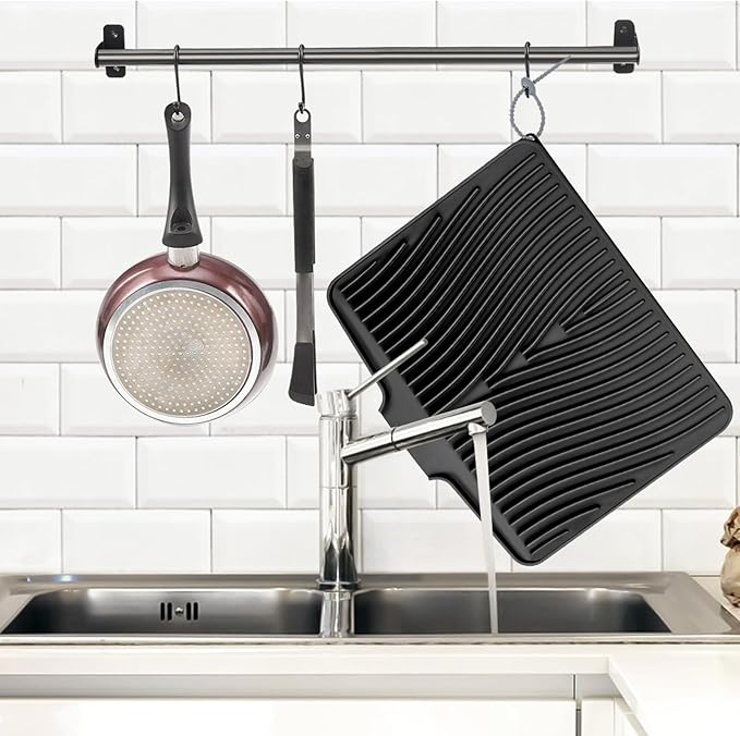 Dish Drying Mat, Stone Drying Mat for Kitchen Counter with Built-in Drain, Non-Slip Drying Matt Kitchen Counter, Heat Resistant Silicone Drying Mat, Dish Drying Pad, 2 Pcs (Black 20" x 15")