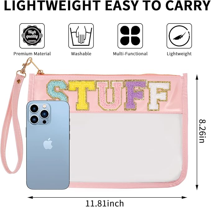 Iqimott Chenille Letter Stuff Bag Clear Flat Pouch, Monogram Glitter Letter Patch Makeup Cosmetic Bag Zipper Toiletry Pouch, Portable Travel Beach Snack Wristlet Bags for Women Girls(Stuff, Pink)