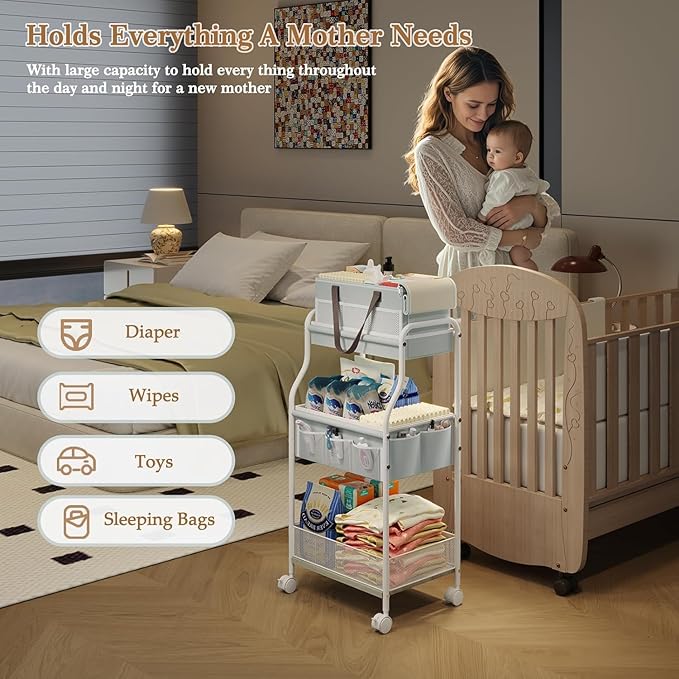 2In1 Baby Diaper Caddy & 3-Tier Rolling Diaper Cart, Diaper Caddy Organizer Cart with Dividers & 12 Pockets, Nursery Bedside Caddy Utility Cart for Baby Clothes & Dresser Baby Bottle,Baby Essential