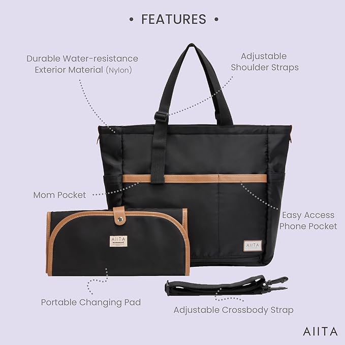 AIITA Diaper Bag Tote,Baby Diaper Bags,Convertible Diaper Bag Backpack,Crossbody Tote Bag for Women,Stylish Shoulder Bag with Changing Pad,Baby Registry, Work Tote,Travel Gym Bag,Black
