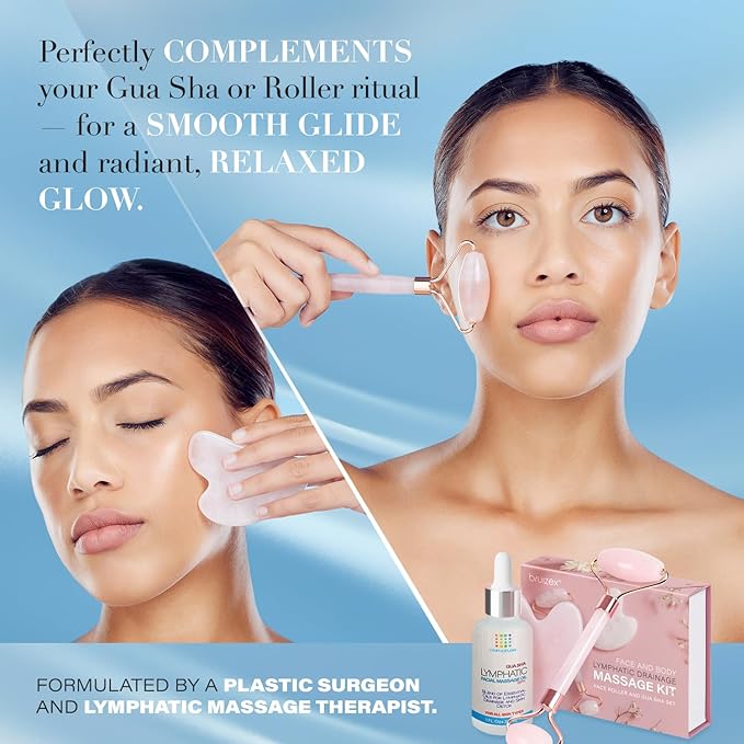 Bruizex Lymphatic Drainage Oil for Face & Neck Massage, Coconut & Jojoba Oil for Skin Facial Oil for Gua Sha or Jade Roller, Boosted with Vitamins E & C, Hyaluronic Acid & Retinol - 1 Fl Oz