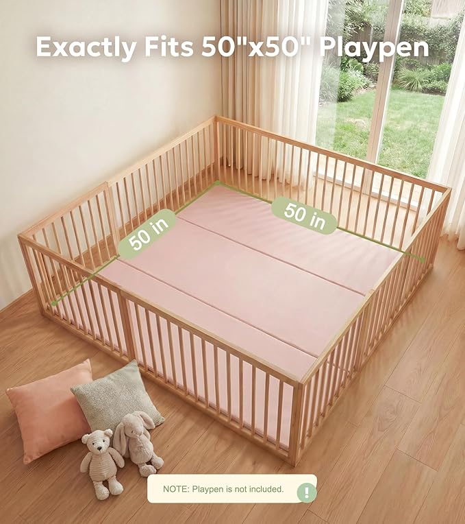 Mallify Foldable Baby Play Mat, 50''x50'' Waterproof Thicken Foam Vegan Leather Playpen Mat for Infants and Toddlers, Portable Baby Mat for Floor, Pink