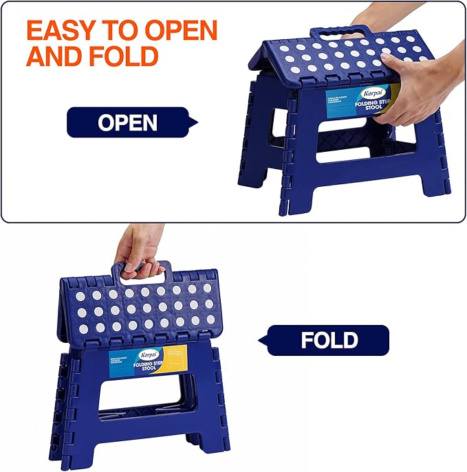 Korpai 9" Folding Step Stool for Adults and Kids Holds Up to 300 lbs,Non-Slip Folding Stools with Portable Handle, Compact Plastic Foldable Step Stool for Bathroom,Bedroom, Kitchen,Royal Blue,1PC