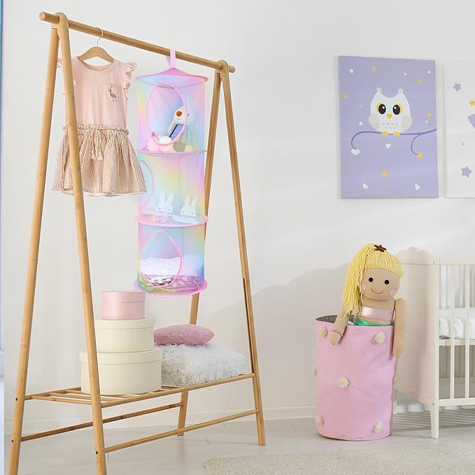 Basumee Stuffed Animals Net or Hammock 2 Pcs Stuffed Animals Storage Toy Net Hammock for Plushies Storage Organizer Mesh Kids Girls Room Decor, Rainbow, 3 Tiers