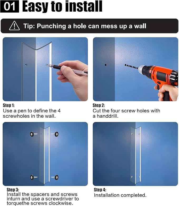 ‎Frychee Wall Corner Protector, Walls Edge Protector，Self-Adhesive Wall Corner Guards, PVC Double Side Edge Protector, Furniture Stairs Guard (Clear Screw Fixing, 2pcs x 47.2" L x 1.97" W)