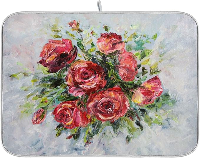 Absorbent Dish Drying Mat for Kitchen Counter - Red Rose Oil Painting Microfiber Drying Pad, Reversible Drainer Mats for Countertop, Large 18" x 24"
