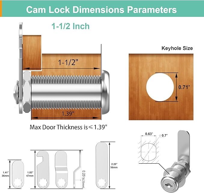 6 Pcs Cabinet Locks with Key, 1-1/2'' Cam Lock Keyed Alike Fit 1-3/8'' Max Panel, Mailbox Lock with Keys Secure Drawer RV Storage Locks, Zinc Alloy