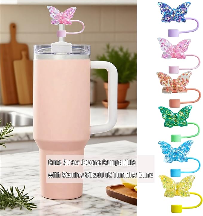6Pcs 10mm Sparkling Butterfly Straw Cover for Stanley Cup,Dust-Proof Straw Topper for 30&40 oz Tumblers and Water Bottles,Reusable Tumbler Cup Accessories for Stanley，Funny Gifts for Women & Girls