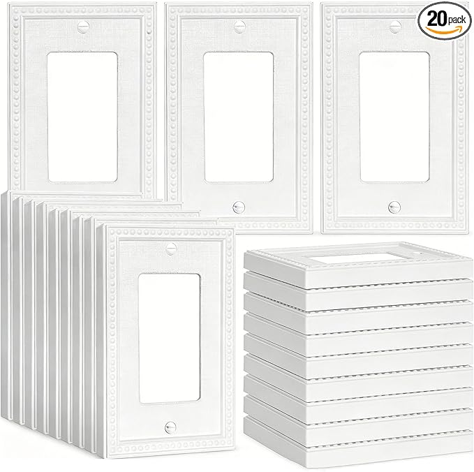 Mid-Size 20 Pack Decorator Wall Plates 1-Gang Switch Outlet Electrical Cover Plate Unbreakable Thermoplastic Faceplate for Light Receptacle Outlet Switch, Classic Beaded Relief Design, White