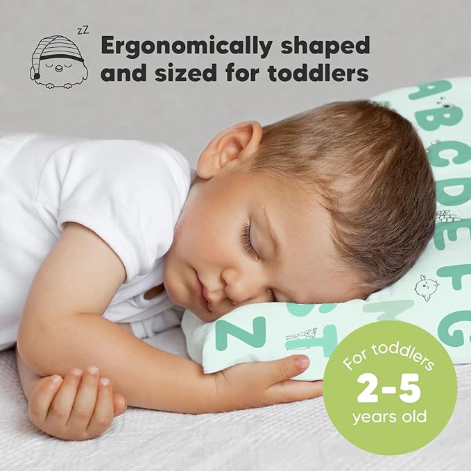 Toddler Pillow with Pillowcase - 13x18 My Little Dreamy Kids Travel Bed Pillows for Sleeping, Organic Cotton Small Pillowcase, Soft & Breathable, Machine Washable, Toddlers 2-5 years old (KeaABC Mint)