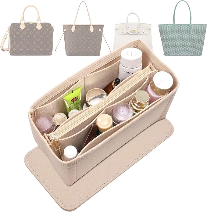 Doxo Large Felt Purse Organizer Insert - 10 Compartments with Removable Zipper | Bag Organizer Insert Fits LV Speedy 35, LV Neverfull GM & More for Women Handbag Tote Bag (Beige)