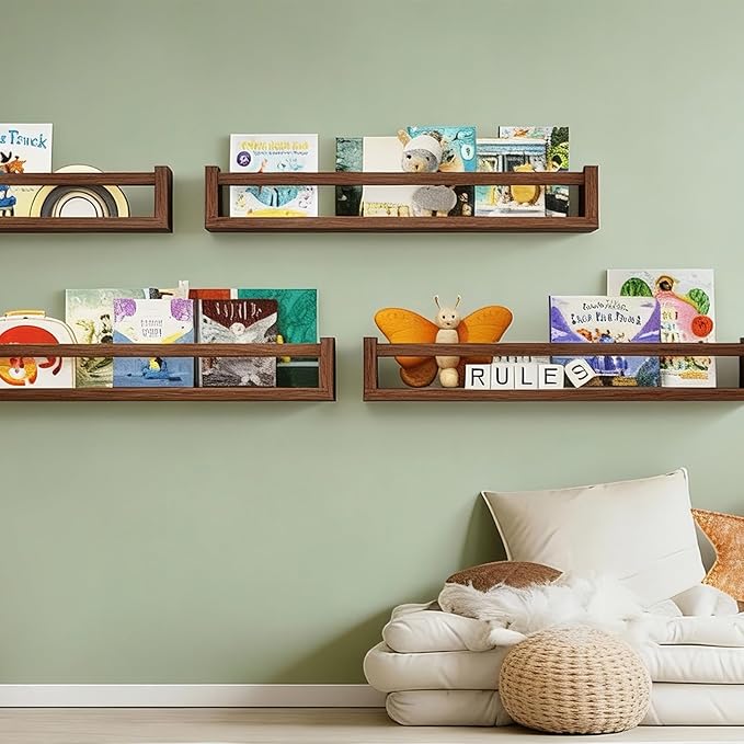 Fixwal Nursery Book Shelves, 23.6 Inch Floating Bookshelves for Wall Set of 4, Baby Nursery & Playroom Decor, Solid Wood Wall Mounted Shelves for Books and Toys Storage (Brown)
