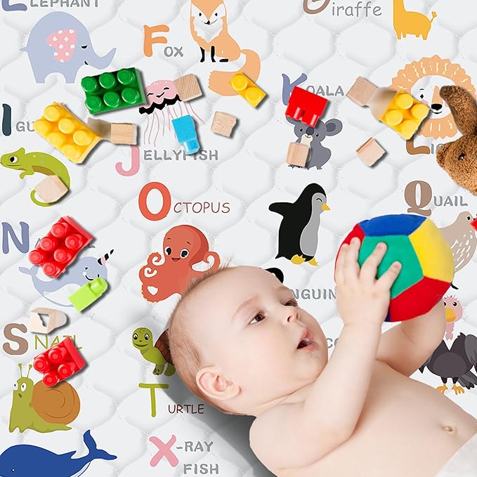 Baby Play Mat，Thick Soft 47" X 47" Playpen mat, Non-Slip and Machine Washable Baby Play Mats for Floor，Crawling Mat for Babies, Toddlers & Infants to Play and Learn (Animal Alphabet-A)