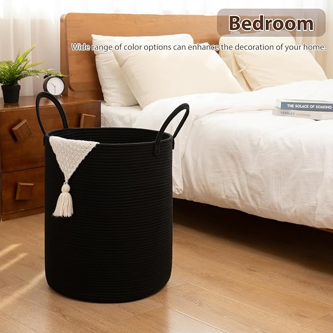 OIAHOMY Large Laundry Basket Hamper - 80L Cotton Rope Woven Basket for Blankets, Toys, Clothes - Tall Decorative Nursery Hamper with Long Handles, Black