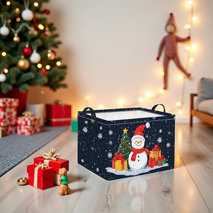 TIBAOLOVER Rectangular Christmas Basket Trick or Treat Spooky Boo Basket with Handles for Women Girls Cute Storage Bin Organizer(Snowman)
