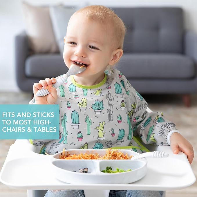 Bumkins Toddler and Baby Suction Plate, Divided Grip Dish for Babies and Kids, Baby Led Weaning, Feeding Supplies, Sticks to Tables and Highchairs, Platinum Silicone, for Chidren 6 Months, Marble