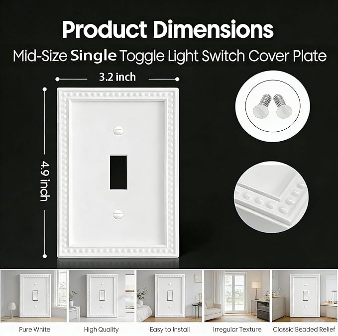 20 Pack Mid-Size Toggle Light Switch Wall Plates 1-Gang Switch Electrical Cover Plate Unbreakable Thermoplastic Faceplate, Classic Beaded Relief Design, White
