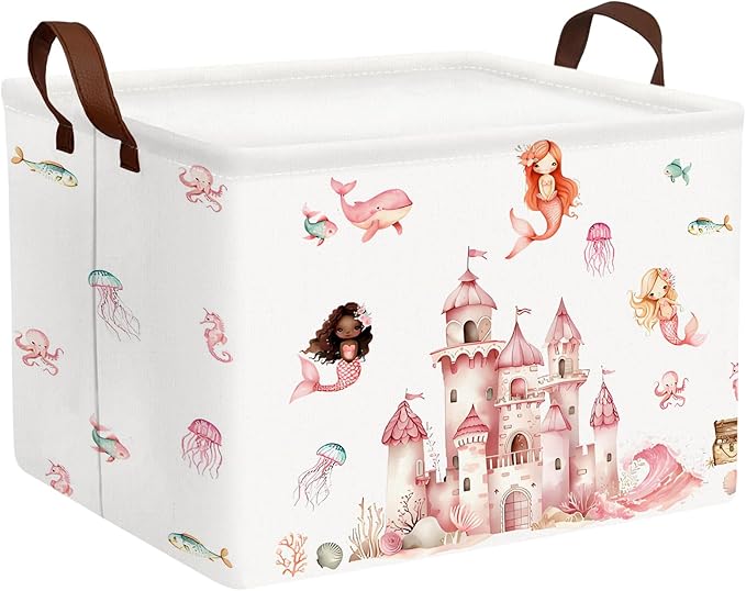 ASKETAM Cute Rectangle Baby Girl Gift Basket Toy Storage Bin Nursery Playroom Bedroom Decor (Pink Castle)