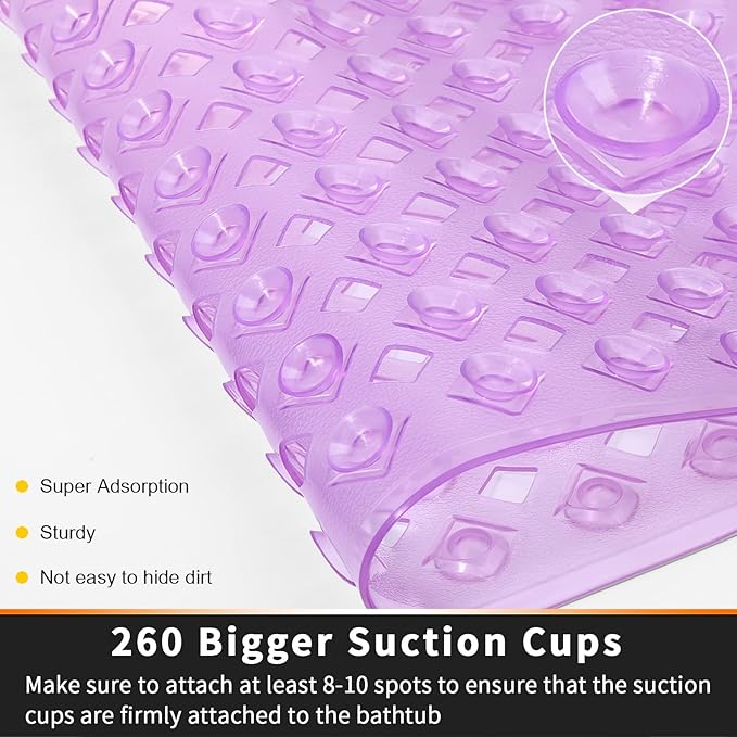 Yimobra Bathtub Mat Non Slip, Super Strong Suction Cups, 27.5"x15.5" Long Shower Mat with Drain Holes, Machine Washable Fast Draining Bath Mats, Bathroom Essentials,Clear Purple