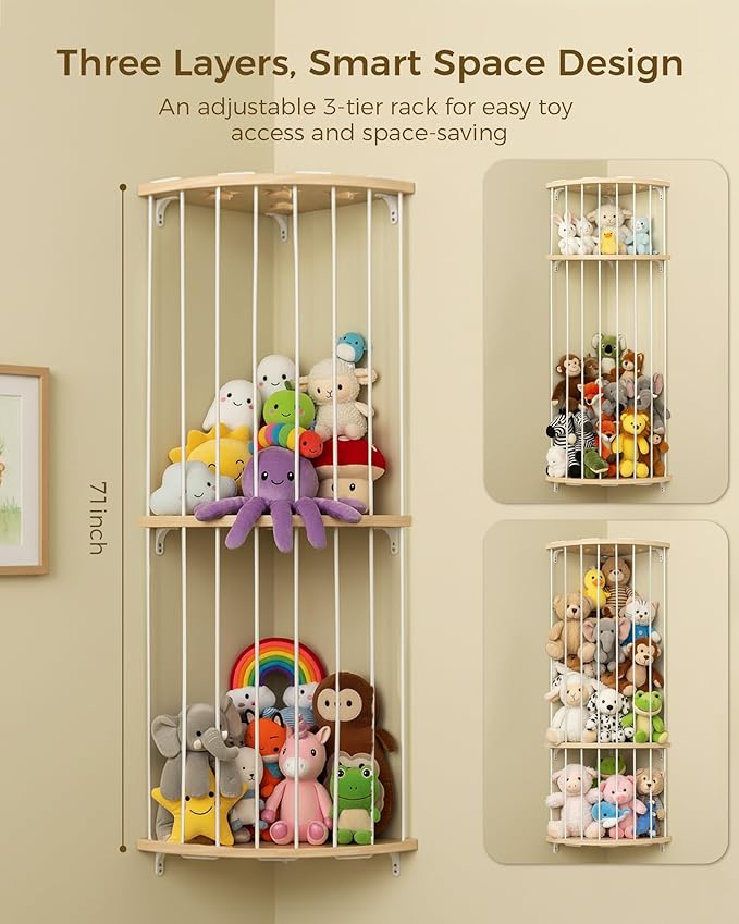Feagar Three Tier Stuffed Animal Storage Wood Corner Plush Toys Holder, Adjustable Hanging Stuffed Animal Organizer Shelf for Nursery Playroom Bedroom