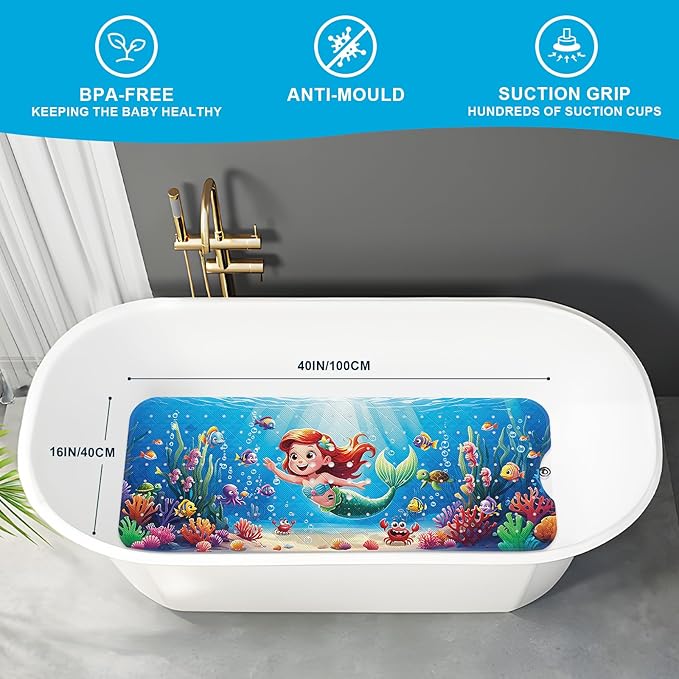 XIYUNTE Baby Bath Mat for Tub Non Slip Kids Bath Mat - 40''x16'' Extra Long Cartoon Turtle Baby Bath Tub Mat Eco-Friendly Toddler Bath Mats with Suction Cups & Drain Holes, Easy to Clean & Easy Drying