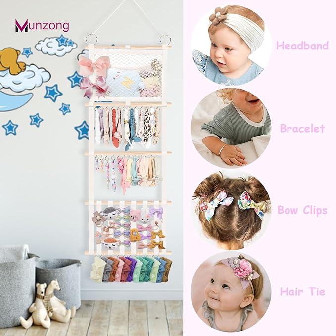 Munzong Headband Holder 52x17 inch, 2 Pack Hair Bow Organizer for Baby Girls, Beige Wall Hanging Headband Organizers w/Storage Net, Hair Accessories Storage Hanger for Toddler Kids Nursery Room Decor