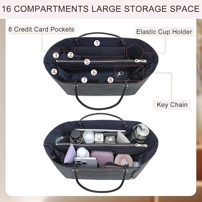 Doxo NEW Purse Organizer Insert for Longchamp LePliage Large,Fixed Handle, Bag Shaper with Key Leash& 16 Compartments, Upgraded Elastic Cup Holder(Black&Blue, L)