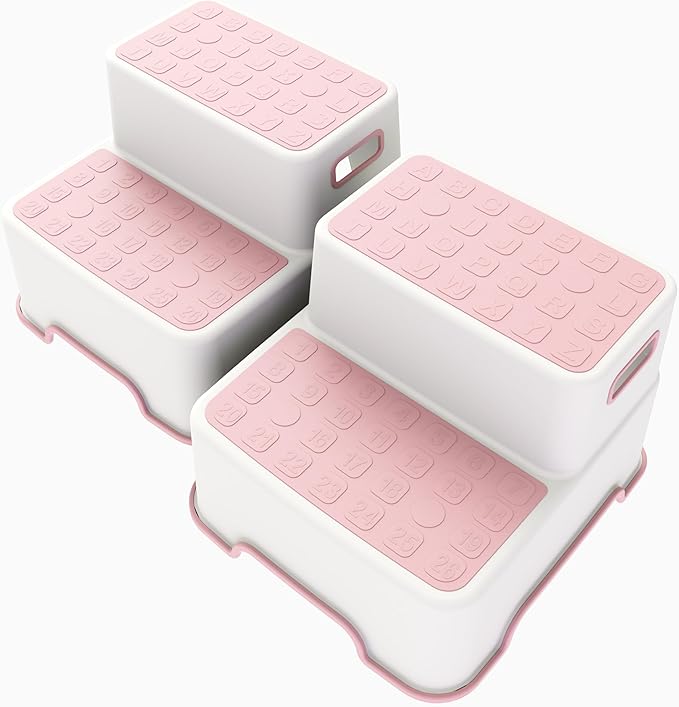 ZLMHYYM Toddler Step Stool for Bathroom Sink, 2 Pack Step Stool for Kids, Plastic Potty Training Toilet Stepping Stools, Child and Baby Lightweight&No-Slip Two Step Stools for Kitchen(Off-White/Pink)