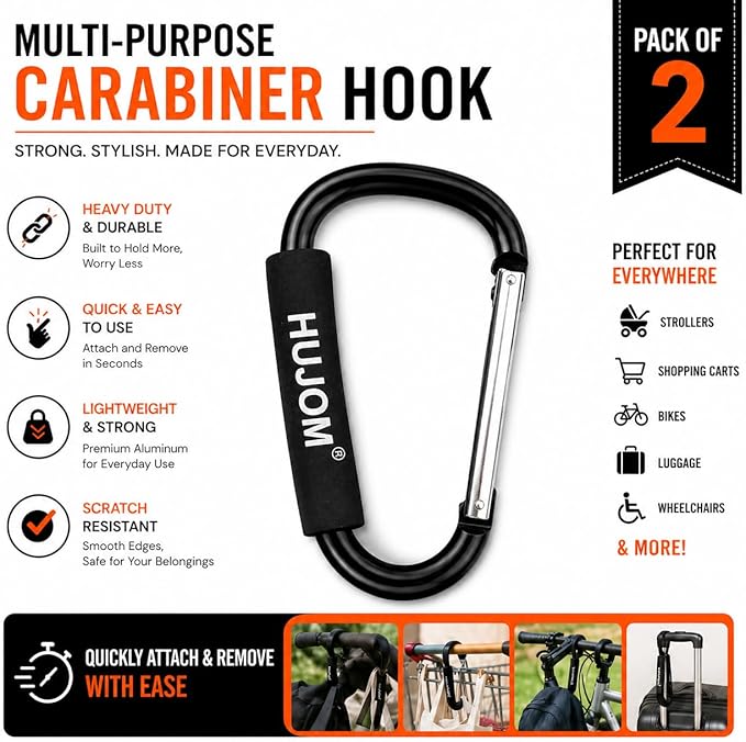 Stroller Hooks 2 Pcs Large Carabiner Clips for Hanging Diaper Bags, Purse Grocery, and Shopping Bags. Heavy Duty Universal Climbing Clips Best Mommy Accessories for Outdoor, Camping and Hiking.