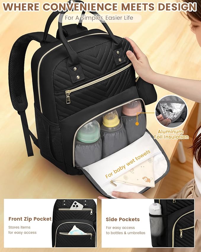 Pritent Diaper Bag Backpack,Baby Essentials Diapers Bag with Pacifier Case,Multipurpose Stylish Large Capacity Travel Backpack for Baby Girl/Boy(M-Black)