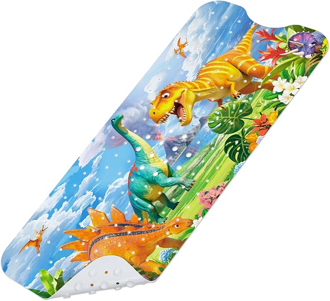 Omedecal Baby Bath Mat for Tub, Non Slip Kids Bath Shower Mat, 40 X 16 Inch Large Bathtub Mat with Drain Holes and Suction Cups for Toddlers, Machine Washable and Waterproof (Dinosaur)