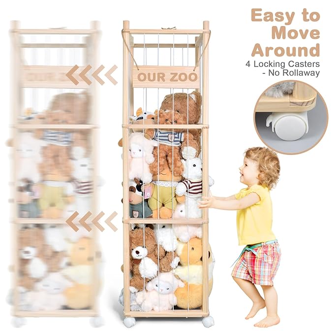 BENCHRY Stuffed Animal Storage, Wooden Cute Zoo Toy Holder with Brake Wheels, Space Save Toy Organizer, Large Capacity Stuffed Animal Holder, Perfect for Nursery Playroom Kidroom Bedroom-54 Inch