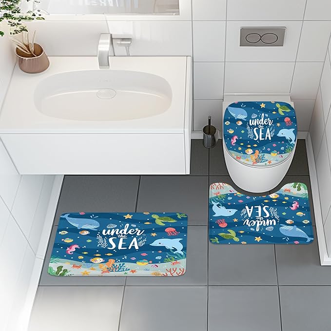 4 PCS Kids Shower Curtain Set 72Wx72H Ocean Bathroom Set Underwater Summer Kid Fish Cute Whale Sea Animal Funny Bath Rug Toilet Lid Cover U Shape Mat Accessories 12 Hooks Bathroom Decors