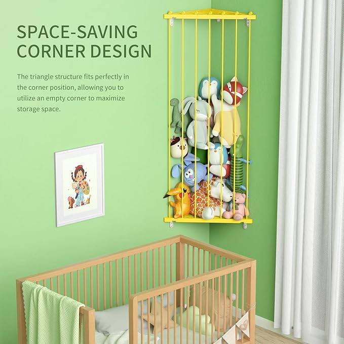 Stuffed Animal Storage Shelf Organizer - Corner Stuffed Animal Holder Length Adjustable - Wall Plush Storage Net for Playroom Bedroom (Yellow, Standard)