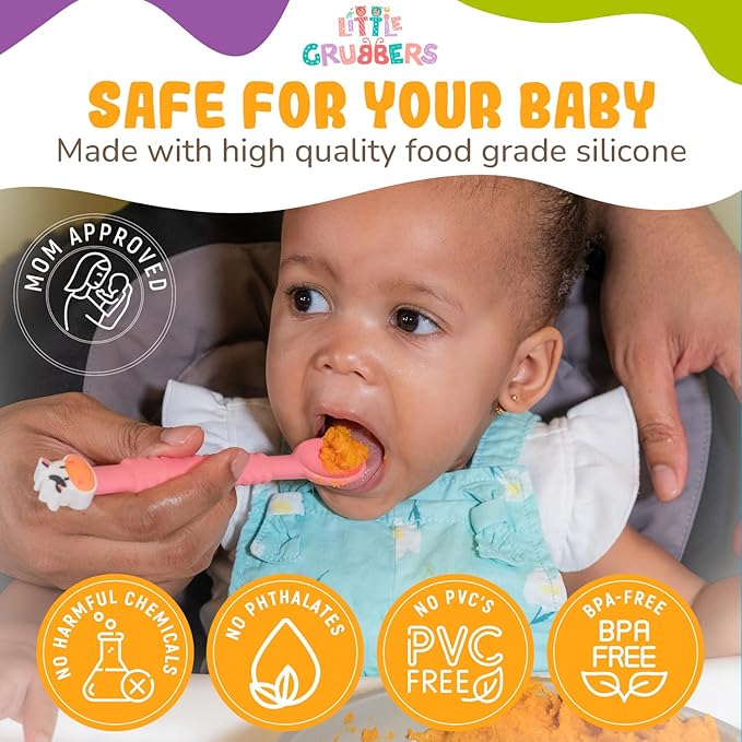 Little Grubbers 3-in-1 Silicone Baby Spoon Self Feeding 6+ Months - Pediatric OT Designed Teether Spoon, BPA Free Toddler Utensils, Mess-Free, Fun for Baby Led Weaning Supplies, Dog & Tiger