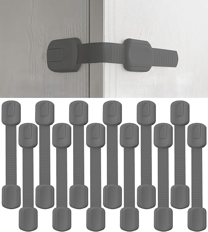 Bates- Child Safety Strap Locks, 12 Pack, Gray, Baby Cabinet Locks with Adjustable Strap Length