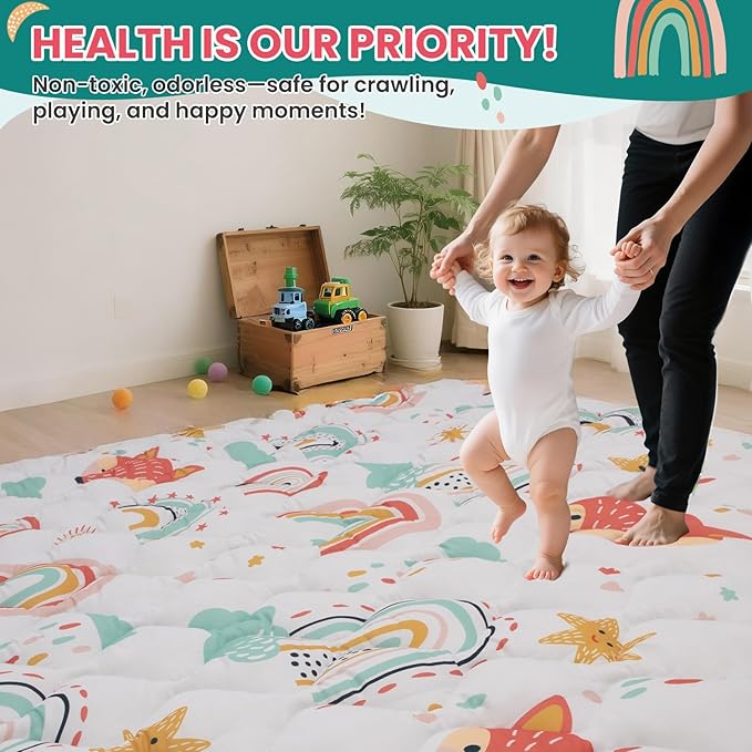 Duwenem Baby Play Mat for Floor,50x50 Inch Soft Padding Crawling Mat for Playpen, Foldable and Machine Washable, Thick for Babies & Toddlers,Rainbow Fox