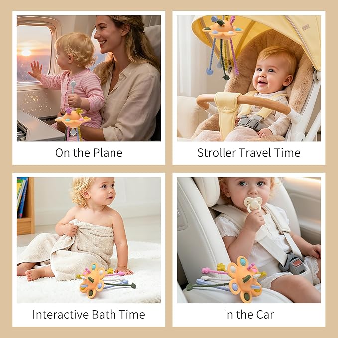 Little Rawr Silicone Baby Sensory Montessori Toys & Pull String Toys for 18 M+, Toddler Birthday Gift Car Seat Airplane Travel Toy for 1 2 Year Old Boy Girl Infant 18 Months Old (Orange)