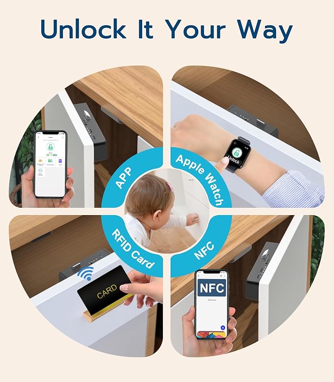 Cabinet Lock NFC RFID Card eLinkSmart Slim Hidden Drawer Lock for Child Safety Cupboard Door Liquor File Kitchen Pantry Furniture Double-Layer Drawer No Drilling Required Black