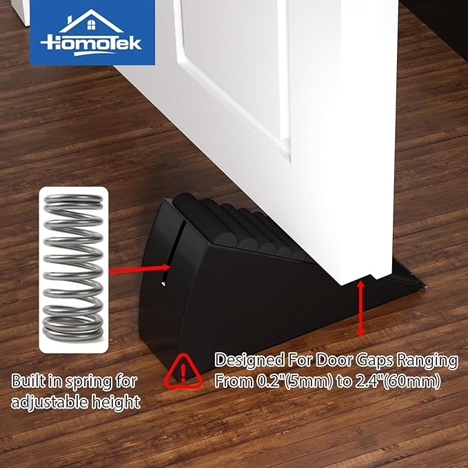 HOMOTEK Adjustable Tall Wedge Door Stopper, Heavy Duty Higher Door Stopper for Bottom of Door, Large Stainless Steel Door Stop Spring Non-Slip Rubber, Suit for Door Clearance of 0.2"-3", Black 2Pack