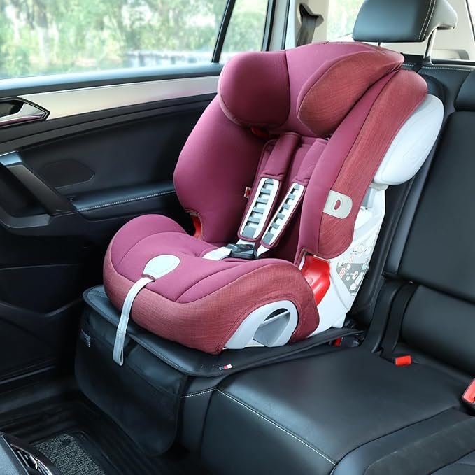 Viaviat Car Seat Protector Leather Waterproof Child Safety Seat Protector Cover with Thick Pad and 2 Large Pockets Durable Kick Mat for All Auto Seat (Black)