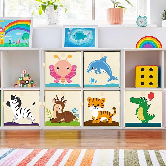 Kigley 6 Pcs Collapsible Cube Storage Bins Kids Foldable Storage Cube Organizer Fabric Toy Box Decorative Kids with Handles for Home Nursery Bedroom, 10.6 x 10.6 Inch(Vivid Animal)