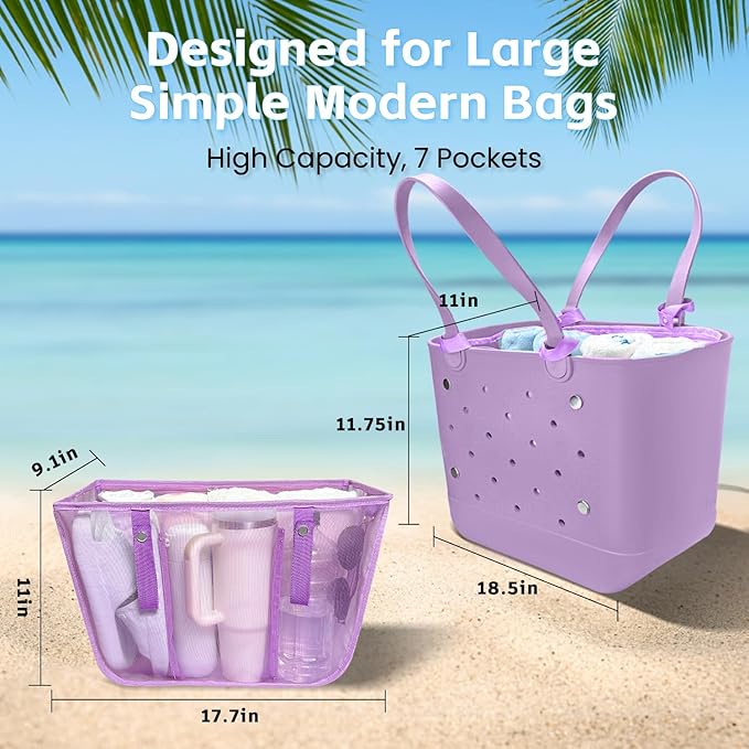 XYFuuee Beach Bag Organizer Inserts for Large Simple Modern Bag Accessories, with 8 Removable Metal Fasteners, Lightweight Mesh Insert Divider Pouch, Organizing Rubber Tote, Save Space, Purple