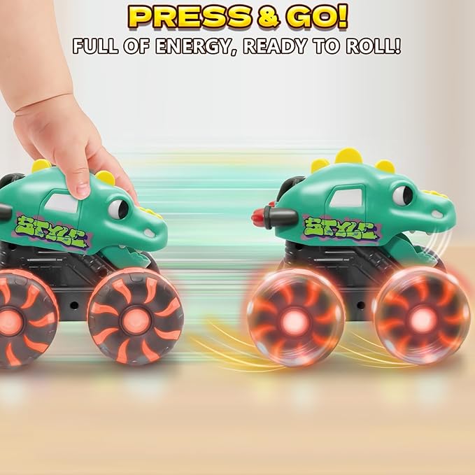 Intoypad Green Dino Monster Truck – LED Light-Up Press and Go Toy Car for Toddlers Age 2 3 4 5 – Dinosaur Truck with Flashing Wheels and Chomping Mouth for Boys and Girls