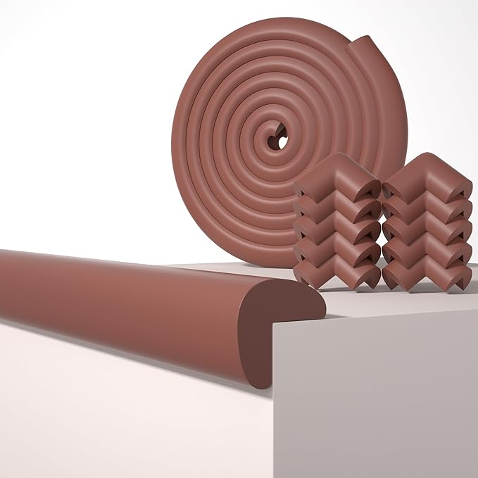 QYV Baby Proof Edge Corner Protector, 16.4FT 0.47''Th L-Shape Furniture Corner & Edge Safety Bumpers with 10 Corners, Pre-Taped, Soft NBR Rubber Foam Desk Edge Cushion Wall Corner Protector (Brown)