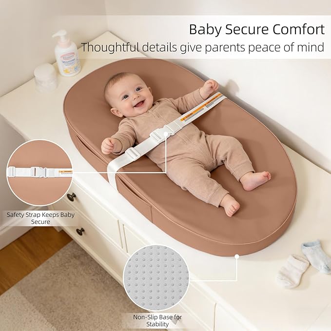 Baby Changing Pad, Waterproof Vegan Leather Wipeable Diaper Changing Pad with Safety Strap Non-Slip Changing Mat for Dresser & Table