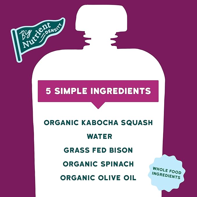 Serenity Kids 6+ Months Baby Food Pouches - 5g Protein-Packed Baby Snacks - Organic Squash & Spinach Vegetable Pouches - Grass-Fed Bison Meat Puree - 3.5 Oz, Pack of 6
