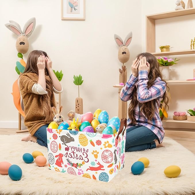 ASKETAM Easter Basket for Kid Large Empty Rectangular Cute Easter Gift Storage Basket Bunny Eggs Décor (Rabbit Bohemia)