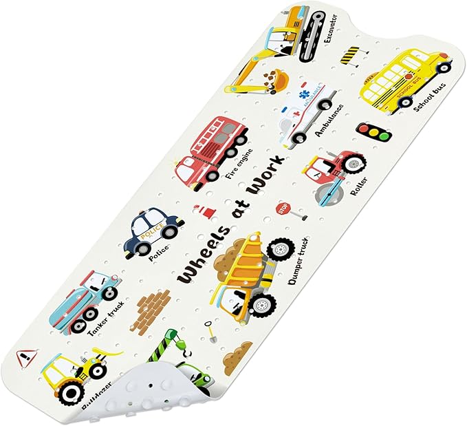 Omedecal Baby Bath Mat for Tub, Non Slip Kids Bath Shower Mat, 40 X 16 Inch Large Bathtub Mat with Drain Holes and Suction Cups for Toddlers, Machine Washable and Waterproof (Excavator)